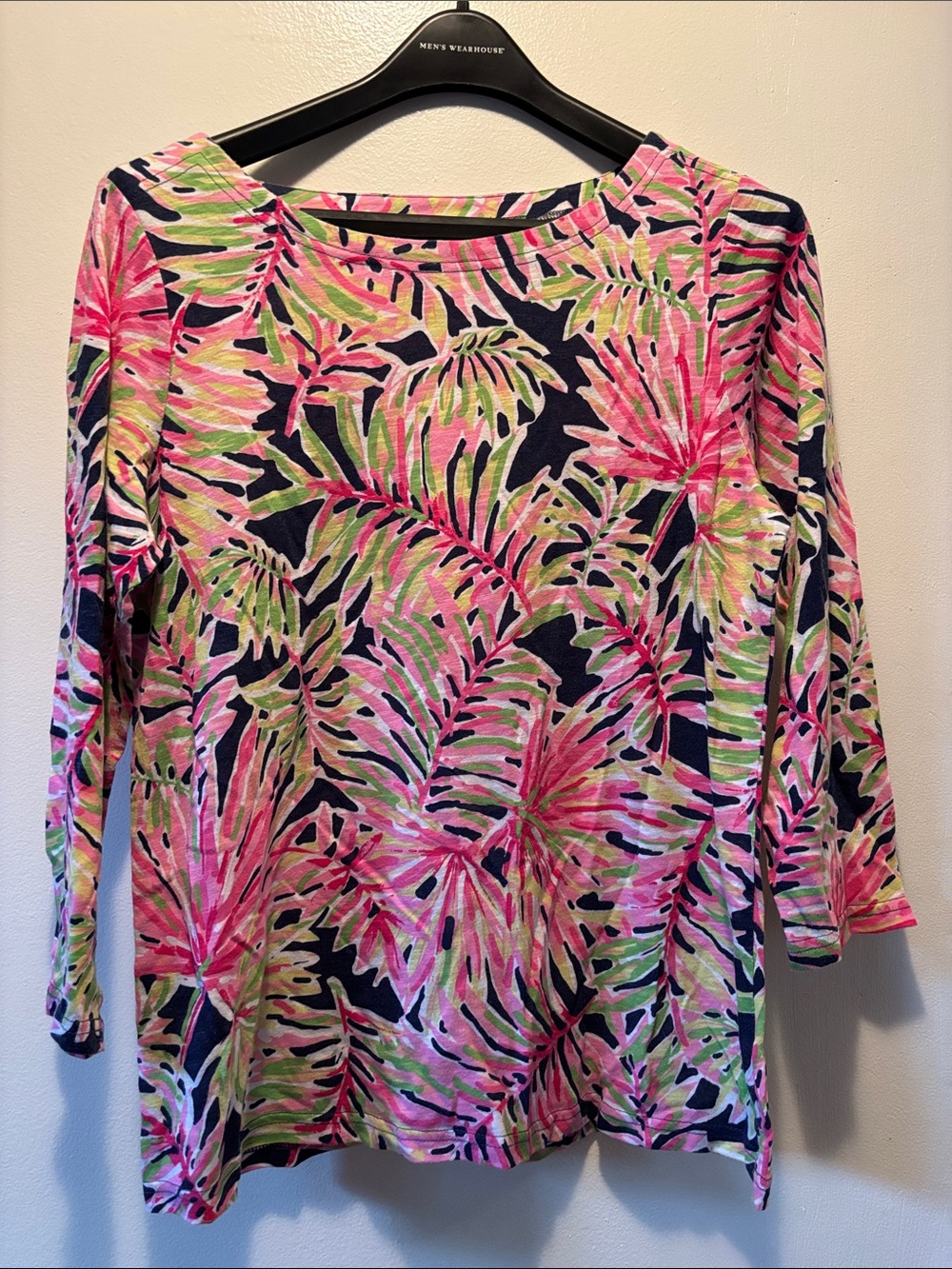 Caribbean Joe Navy Pink Green Palm Print Long Sleeve Top